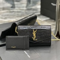 Replica Ysl Uptown Chain Wallet In Crocodile Embossed Shiny Leather with Gold Hardware