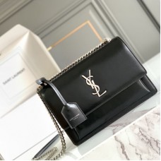 Replica Ysl Medium Sunset Flap Bag in Black with Silver Hardware